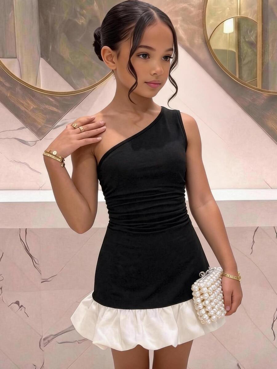 Pitira Kids Tween Girl Tween Girl Tween Girls Elegant Party Black & White Colorblock One Shoulder Puff Hem Mini Dress - Black and White - View 1