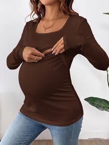 Modmama Maternity Nursing Simple Long Sleeve Top For Daily Wear - Coffee Brown - View 4
