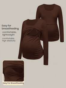 Modmama Maternity Nursing Simple Long Sleeve Top For Daily Wear - Coffee Brown - View 1