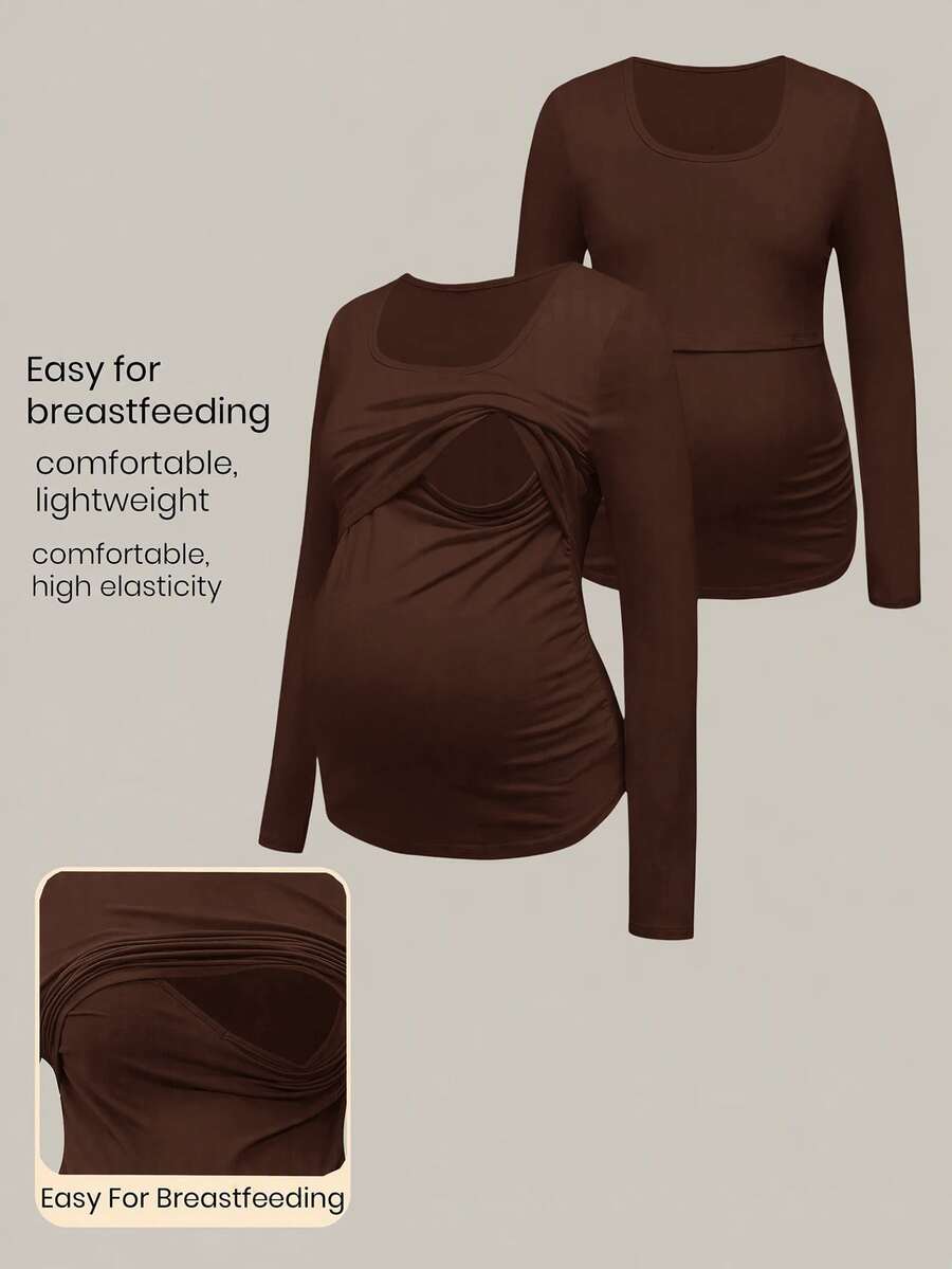 Modmama Maternity Nursing Simple Long Sleeve Top For Daily Wear - Coffee Brown - View 1