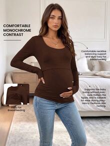 Modmama Maternity Nursing Simple Long Sleeve Top For Daily Wear - Coffee Brown - View 2