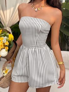 Sunnyshic Women's Spring/Summer Casual Tropical Vacation Fashion Daily Streetwear Holiday Outfit White Sage Bandeau Waist-Cinched Wide Leg Long Jumpsuit Beach - Light Grey - View 4