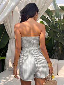 Sunnyshic Women's Spring/Summer Casual Tropical Vacation Fashion Daily Streetwear Holiday Outfit White Sage Bandeau Waist-Cinched Wide Leg Long Jumpsuit Beach - Light Grey - View 2