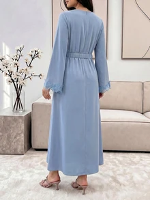Veilorie Elegant Arabic Style Floral Patchwork Round Neck Waist Cinched Long Sleeve Dress - Blue - View 9