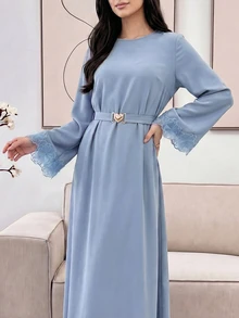 Veilorie Elegant Arabic Style Floral Patchwork Round Neck Waist Cinched Long Sleeve Dress - Blue - View 11