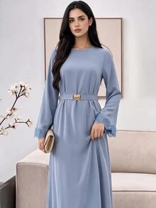 Veilorie Elegant Arabic Style Floral Patchwork Round Neck Waist Cinched Long Sleeve Dress - Blue - View 1