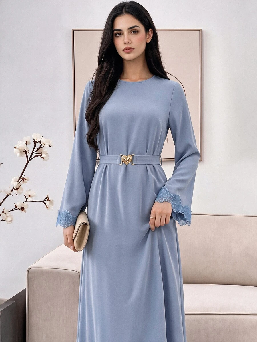 Veilorie Elegant Arabic Style Floral Patchwork Round Neck Waist Cinched Long Sleeve Dress - Blue - View 1