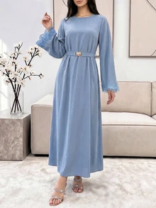 Veilorie Elegant Arabic Style Floral Patchwork Round Neck Waist Cinched Long Sleeve Dress - Blue - View 3