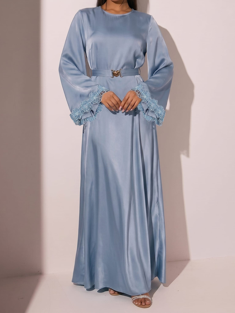 Veilorie Elegant Arabic Style Floral Patchwork Round Neck Waist Cinched Long Sleeve Dress - Blue - View 12