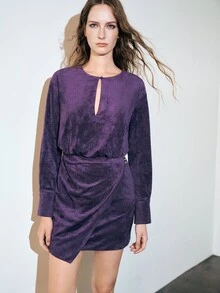 MOTF PREMIUM Metal Buckle Decor Long Sleeve Short Suede Dress Autumn/Winter - Purple - View 5