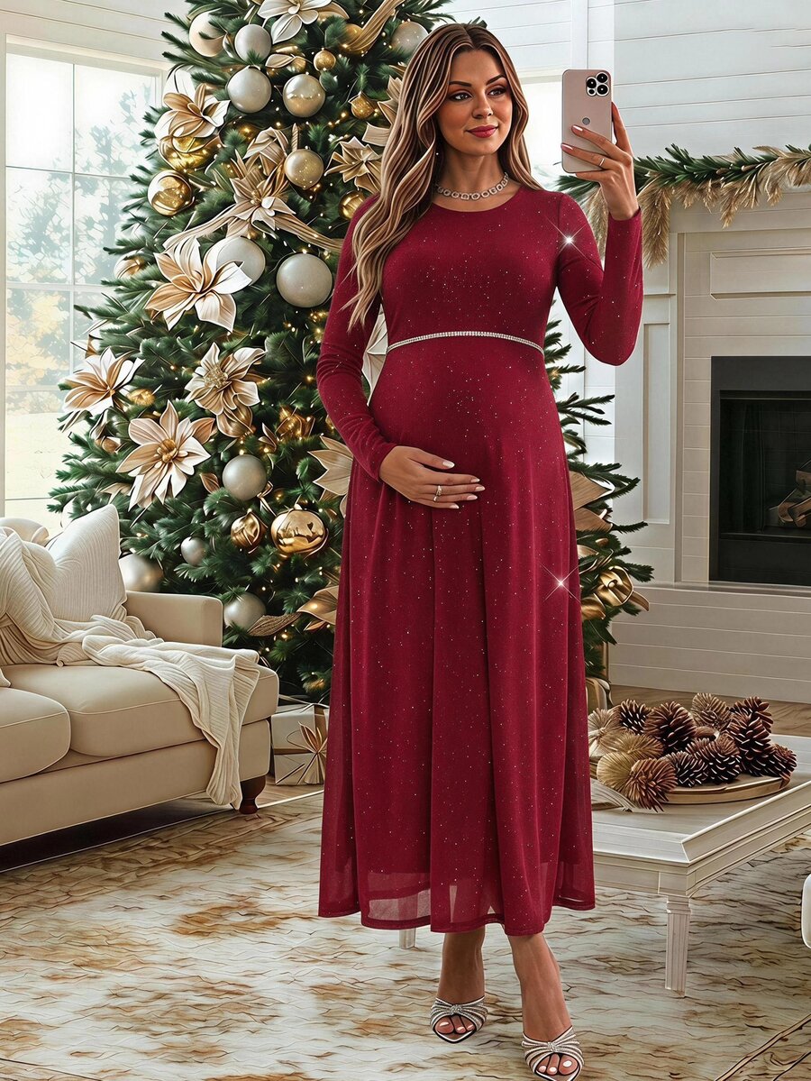 SHEIN Elegant Maternity Long Sleeve Dress With Rhinestone And Sequin Embellishments - Burgundy - View 1