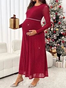 SHEIN فستان أنيق للحوامل بأكمام طويلة مزين بالراينستون والترتر - عنابي اللون - مشاهدة 6