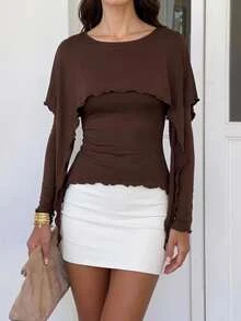 Siren Gaze Women's Solid Color 2 In 1 Patchwork Casual Daily Long Sleeve T-Shirt - Brown - View 9