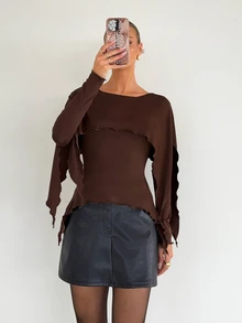 Siren Gaze Women's Solid Color 2 In 1 Patchwork Casual Daily Long Sleeve T-Shirt - Brown - View 3