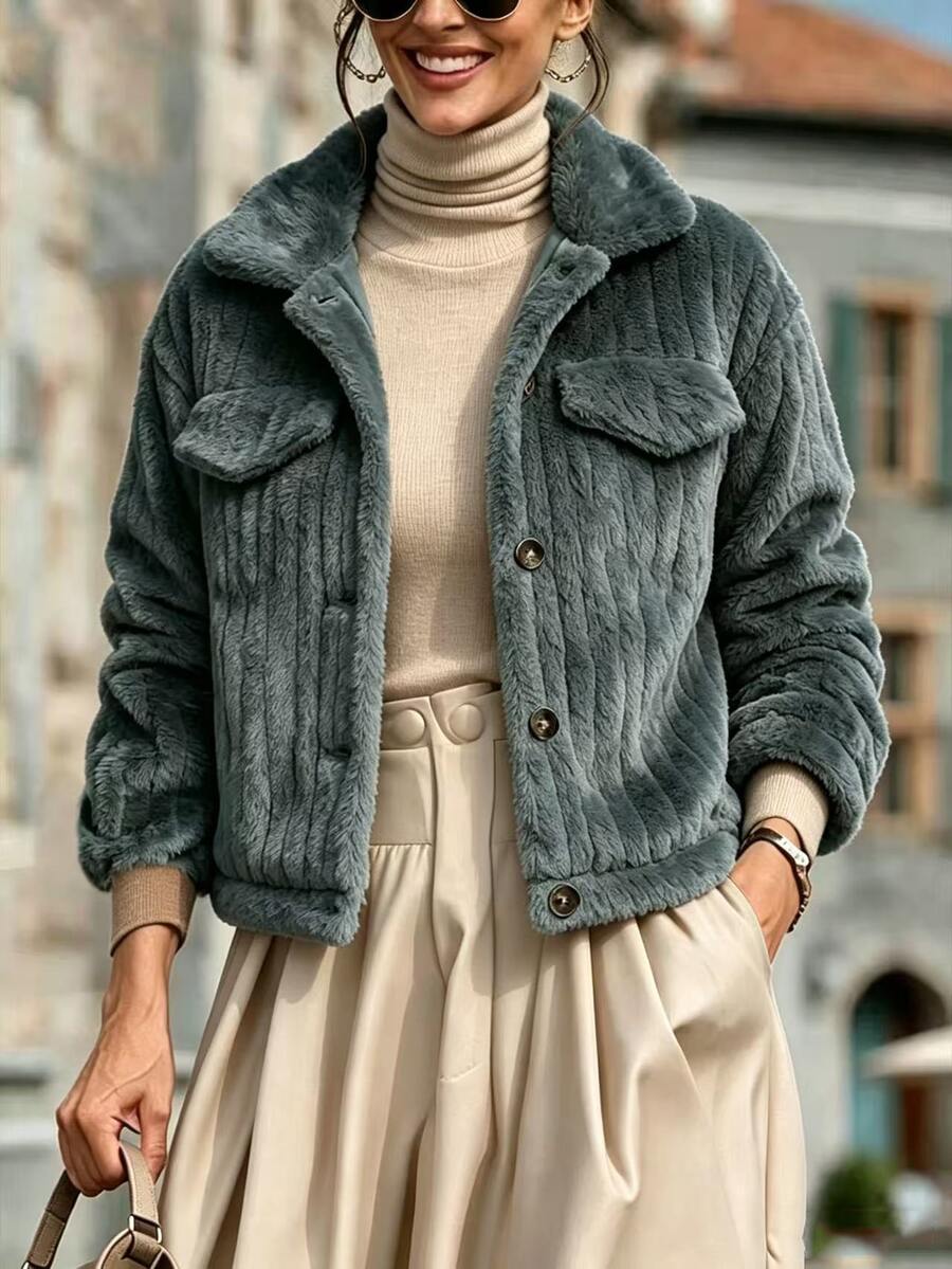 SHEIN LUNE Women's Solid Color Casual Versatile Daily Long Sleeve Jacket Everyday Going Out Dark Green Autumn Lapel Short Jacket,Women Fall Winter Coat Treetwear - Teal Blue - View 1
