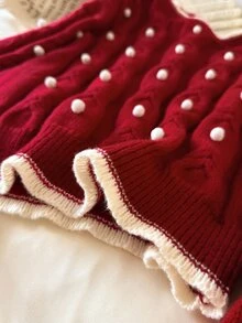 Story & Sage Women's Pom Pom Design Crew Neck Cable Knit Long Sleeve Casual Sweater - Red - View 4