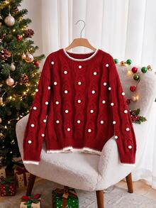 Story & Sage Women's Pom Pom Design Crew Neck Cable Knit Long Sleeve Casual Sweater - Red - View 1
