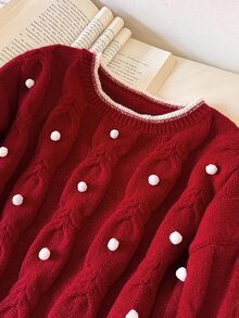 Story & Sage Women's Pom Pom Design Crew Neck Cable Knit Long Sleeve Casual Sweater - Red - View 5