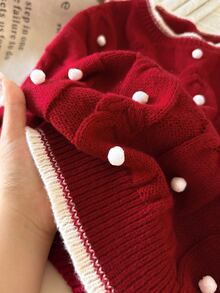 Story & Sage Women's Pom Pom Design Crew Neck Cable Knit Long Sleeve Casual Sweater - Red - View 6