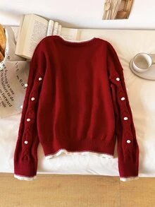Story & Sage Women's Pom Pom Design Crew Neck Cable Knit Long Sleeve Casual Sweater - Red - View 2