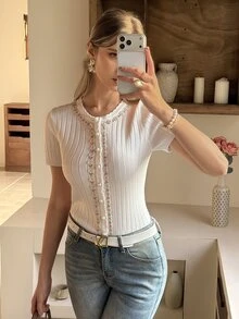 Strévra 女款蕾絲飾邊休閒輕便開襟衫，適合春季嘉年華與夏季度假 - 米色 - 查看 5
