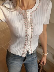 Strévra 女款蕾絲飾邊休閒輕便開襟衫，適合春季嘉年華與夏季度假 - 米色 - 查看 4