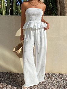 Strévra 2pcs/Set Women Tube Top Casual Cottagecore Tropical Pants Outfit Vacation Beach White Floral Summer - White - View 4