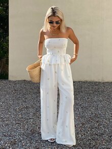 Strévra 2pcs/Set Women Tube Top Casual Cottagecore Tropical Pants Outfit Vacation Beach White Floral Summer - White - View 6