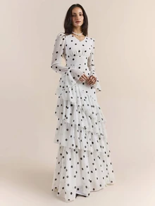 Enchnt Premium Pre-Fall Romantic Women's Elegant Black And White Polka Dot Flared Sleeve Multi-Layered Ruffled Long Dress,Wedding Formal Dinner Party - Black and White - View 4