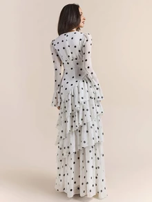 Enchnt Premium Pre-Fall Romantic Women's Elegant Black And White Polka Dot Flared Sleeve Multi-Layered Ruffled Long Dress,Wedding Formal Dinner Party - Black and White - View 8