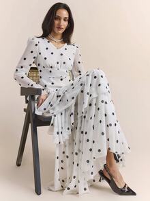 Enchnt Premium Pre-Fall Romantic Women's Elegant Black And White Polka Dot Flared Sleeve Multi-Layered Ruffled Long Dress,Wedding Formal Dinner Party - Black and White - View 7