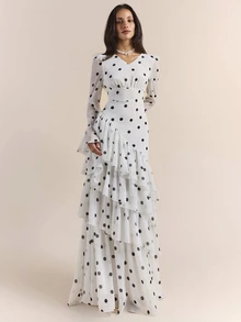 Enchnt Premium Pre-Fall Romantic Women's Elegant Black And White Polka Dot Flared Sleeve Multi-Layered Ruffled Long Dress,Wedding Formal Dinner Party - Black and White - View 6