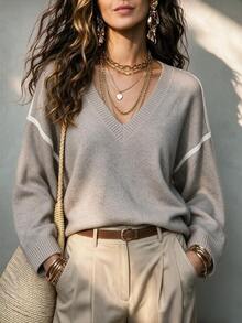 SHEIN Neutral Knit Sweater With Shoulder Stripe Details. V Neck Relaxed Fit For Casual Everyday Looks - Khaki - View 3