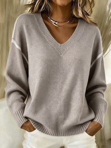 SHEIN Neutral Knit Sweater With Shoulder Stripe Details. V Neck Relaxed Fit For Casual Everyday Looks - Khaki - View 1