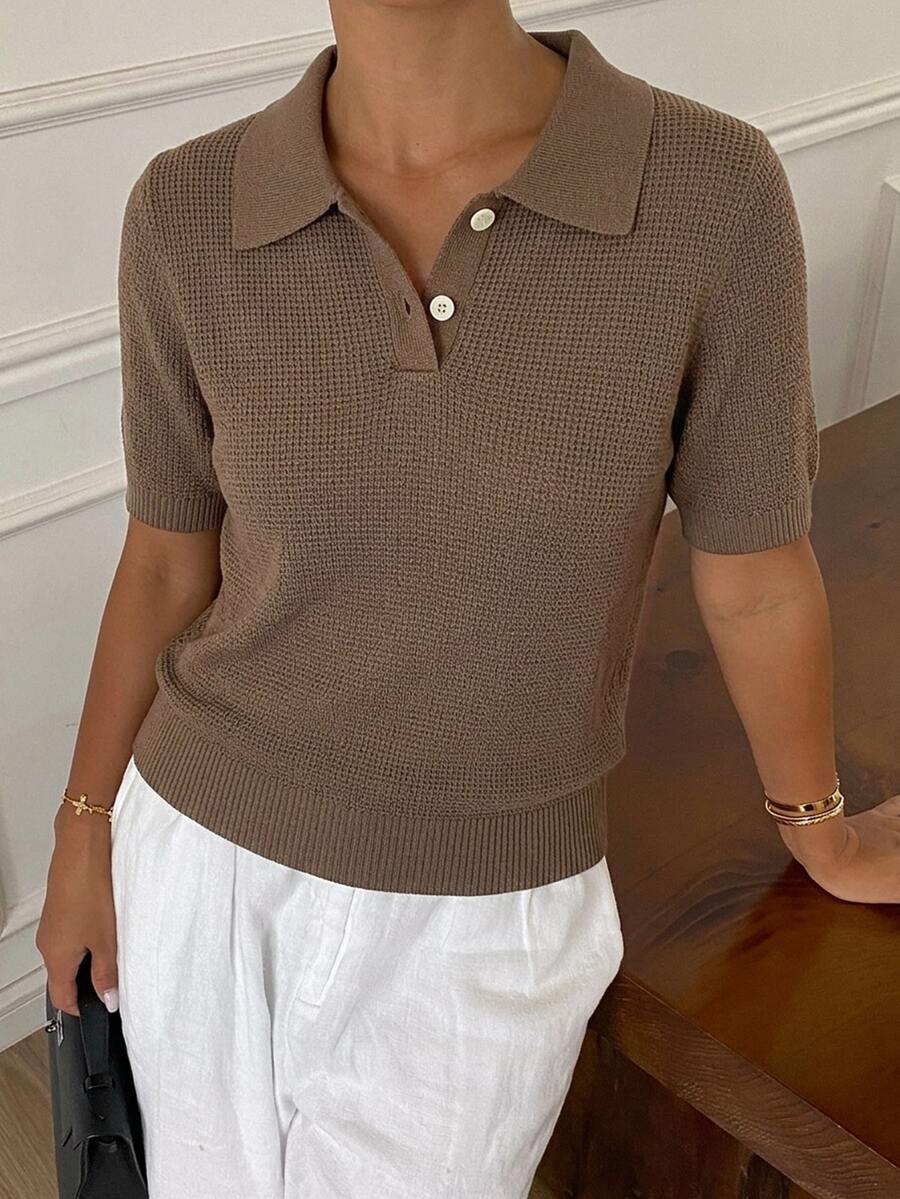 Strévra Women's Summer Lapel Short Sleeve Knit Top Everyday Coffee Brown Minimalist Casual Office - Coffee Brown - View 1