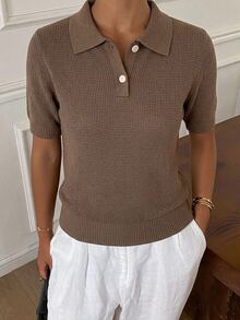 Strévra Women's Summer Lapel Short Sleeve Knit Top Everyday Coffee Brown Minimalist Casual Office - Coffee Brown - View 7