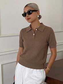 Strévra Women's Summer Lapel Short Sleeve Knit Top Everyday Coffee Brown Minimalist Casual Office - Coffee Brown - View 6