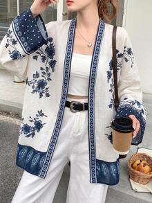 Strévra Women's Floral Print Colorblock Summer Vacation Casual Shirt Long Sleeve - Blue - View 7