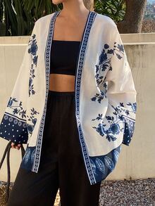 Strévra Women's Floral Print Colorblock Summer Vacation Casual Shirt Long Sleeve - Blue - View 4