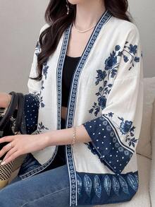 Strévra Women's Floral Print Colorblock Summer Vacation Casual Shirt Long Sleeve - Blue - View 8