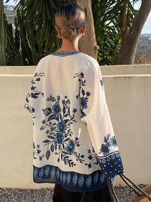 Strévra Women's Floral Print Colorblock Summer Vacation Casual Shirt Long Sleeve - Blue - View 2