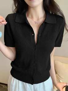 Strévra 女款夏季翻領V領通勤短袖針織上衣 - 黑色 - 查看 9