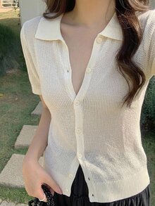Strévra Women Collar Short Sleeve Knit Top, Summer - White - View 8