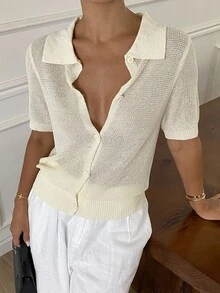 Strévra Women Collar Short Sleeve Knit Top, Summer - White - View 1
