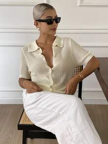 Strévra Women Collar Short Sleeve Knit Top, Summer - White - View 7