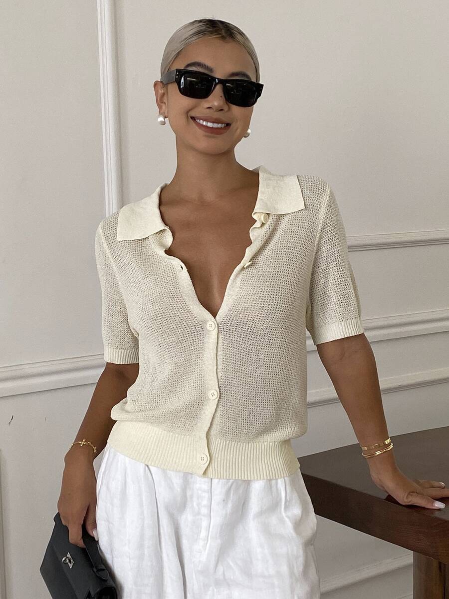Strévra Women Collar Short Sleeve Knit Top, Summer - White - View 1