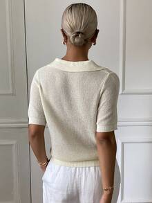 Strévra Women Collar Short Sleeve Knit Top, Summer - White - View 2