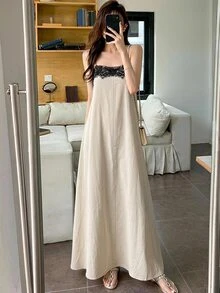 Strévra 女款夏季蕾絲拼接寬鬆版型黑白撞色中長細肩帶洋裝亞麻材質，休閒法式優雅舞會度假波希米亞風 - 黑與白 - 查看 3