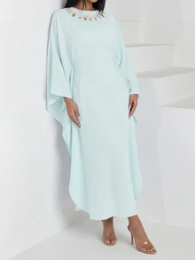 Veilorie Women's Baby Blue Loose Flowy Dress, Casual Elegant Modest Resort Style, Spring/Autumn Dining Garden Party - Mint Green - View 9