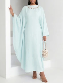 Veilorie Women's Baby Blue Loose Flowy Dress, Casual Elegant Modest Resort Style, Spring/Autumn Dining Garden Party - Mint Green - View 7